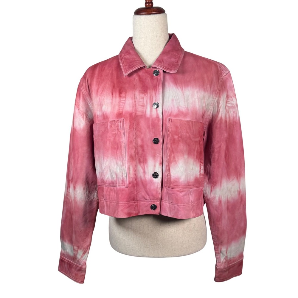 REMAIN Birger Christensen Mariona Jacket Womens 34 Pink Leather Tie Dye Cropped - Picture 2 of 12